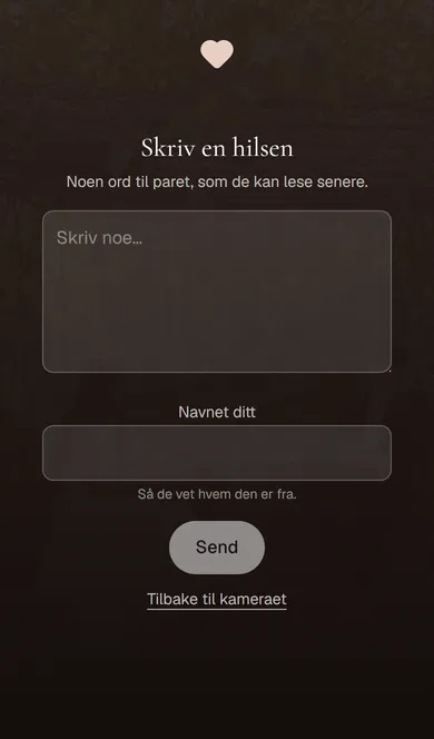 Gjesteboka på en telefon: feltet der gjesten skriver en hilsen til paret, med navnet sitt under.