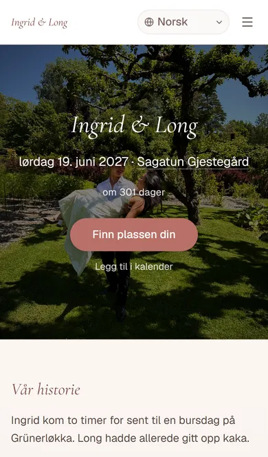 Gjestesiden på en telefon: bildet, dagen, nedtellingen og knappen gjesten trykker på for å finne bordet sitt.